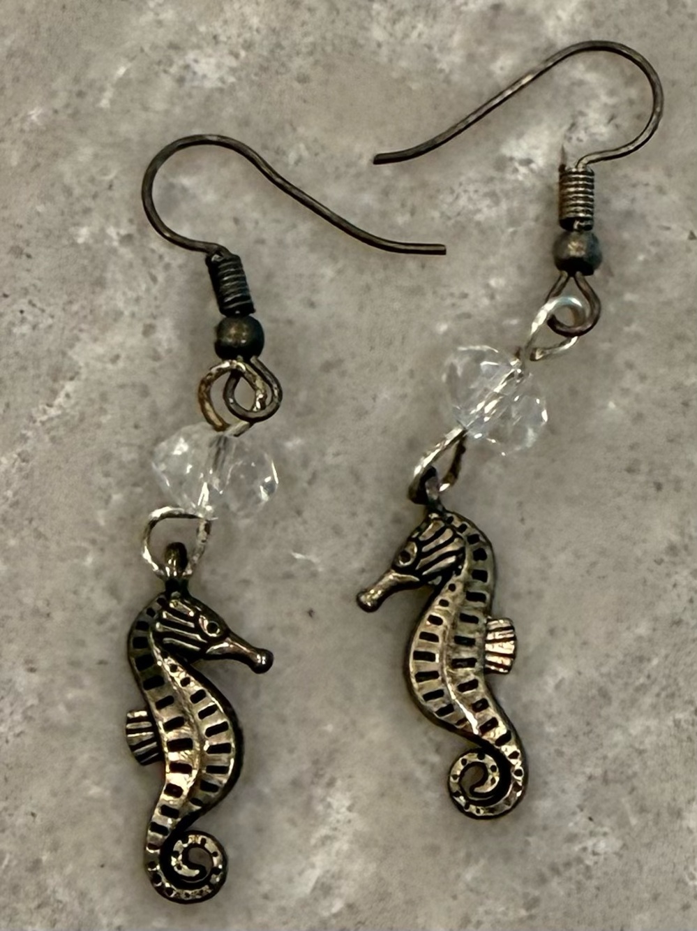 Hand Crafted Silver-Tone Seahorse Earrings with Clear Beads NWOT